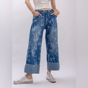 Blue Velvet Bow-Print Wide Leg Jeans